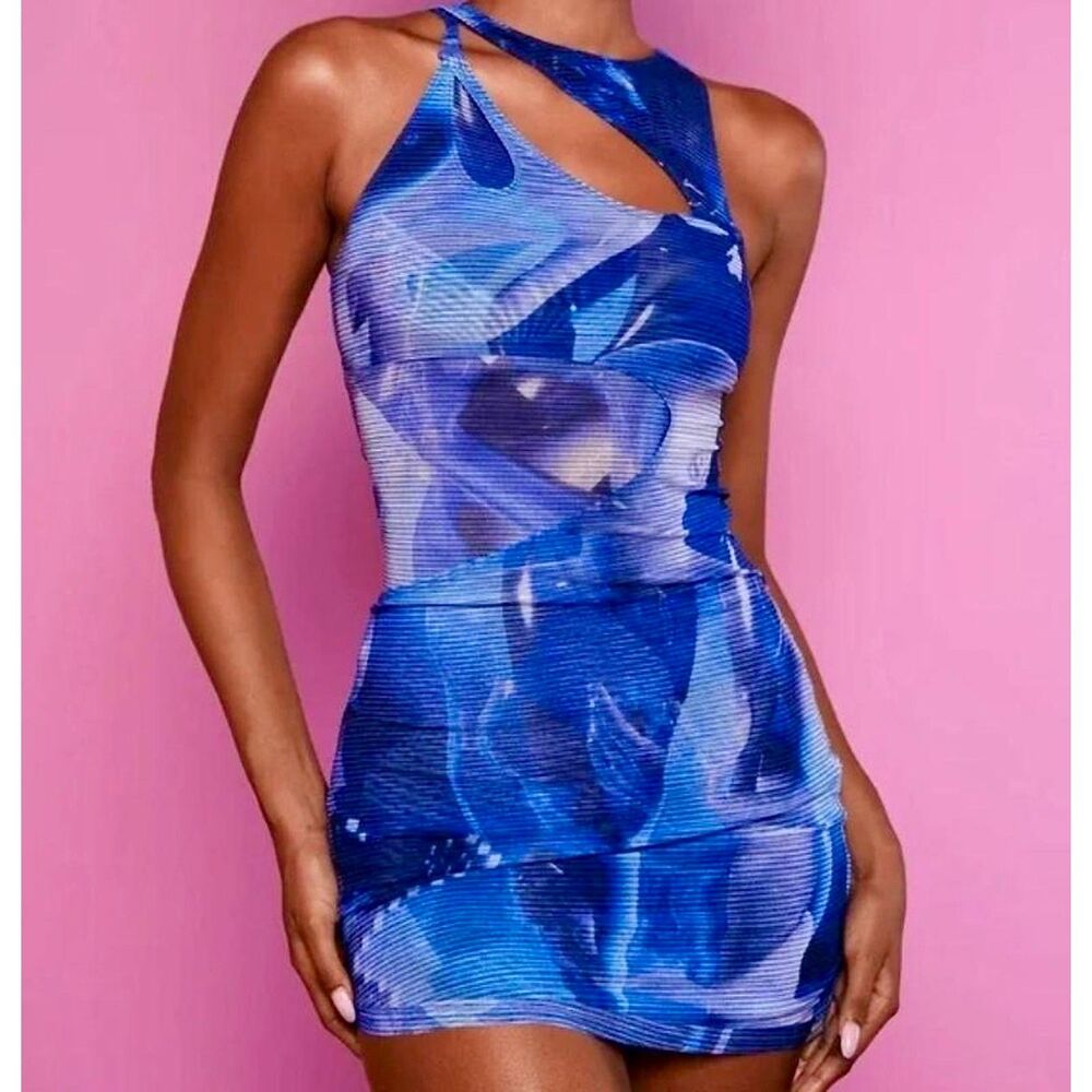 VOIGHT By Valentina "Rayne" Blue Mesh Cutout Graphic Print Bodycon Mini Dress/ S